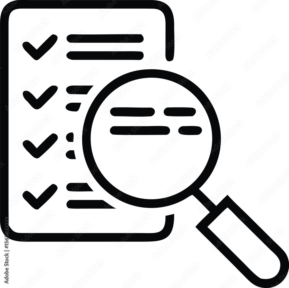 Poster checklist with magnifying glass icon in a bold outline style for print