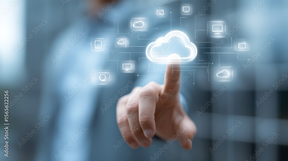 Poster cloud service concept with man finger touching digital screen with cloud service application icons a