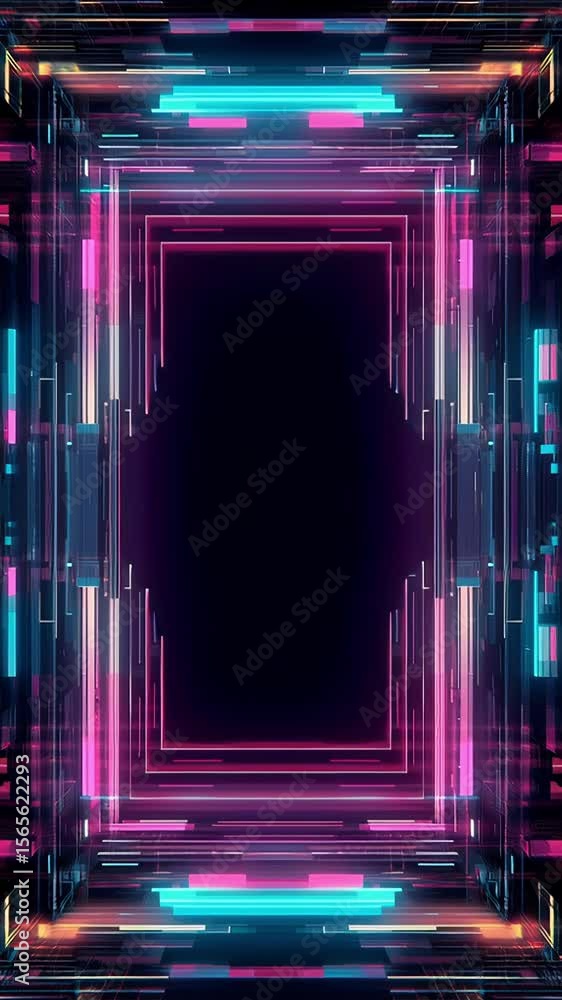 Poster futuristic neon tunnel with glowing blue and pink lights creating a symmetrical rectangular frame. c