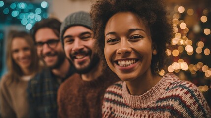 Happy multiracial people celebrating Christmas eve - Soft focus on hipster man face, no logos, no brands