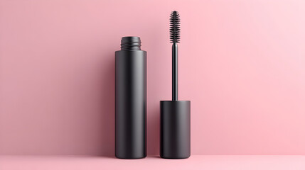 Obraz premium Mockup of a black mascara tube with applicator resting on delicate pink surface, emphasizing makeup product elegance and contemporary cosmetic design aesthetics