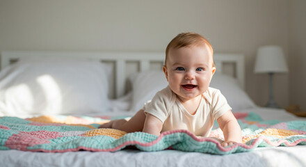 Smiling baby lying on bed with cute expression and toy nearby