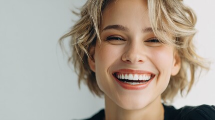 Attractive woman with short fair hair being very glad smiling with broad smile showing her perfect teeth having fun indoors. Joyful excited cheery femlae rejoicing after being proposed to marry, no l