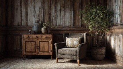 A rustic loft living room featuring an armchair and wooden cabinet, set against beautifully panelled walls.