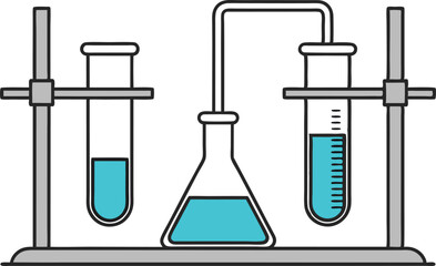 Scientific experiment setup with flasks, test tubes, and stands depicted vector illustration