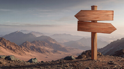 Wooden Road Sign on Mountain Peak under Clear Sky