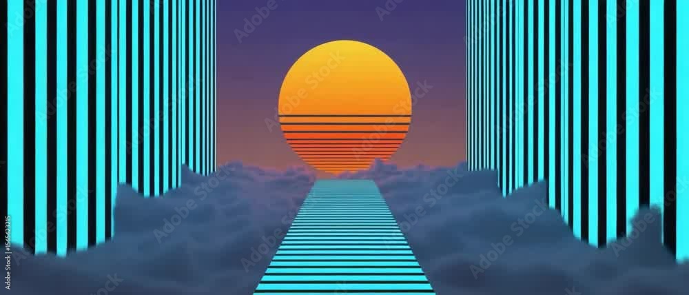 Poster parallel cyan light columns flank a striped pathway leading to a huge orange sun above rolling cloud