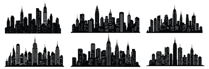 Black silhouette of urban skyline with modern city buildings vector illustration on White background