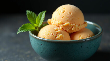 Scoop of Peach Ice Cream with Mint Garnish