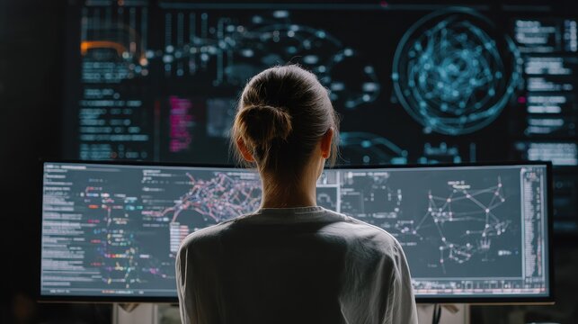 A female data scientist developing a machine learning model using AI. Her screen is filled with complex algorithms and data flow diagrams. generative AI - Powered by Adobe