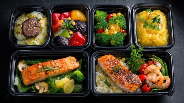 Ready healthy food catering menu in lunch boxes fish and vegetable packages as daily meal diet plan courier delivery with fork isolated on black table background. Take away containers order concept.,