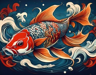 intricate artwork of a koi fish amidst tumultuous water