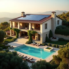 Country house with a spacious roof terrace modern solar panels