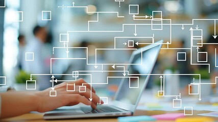 Person working on laptop with abstract flowchart overlay representing data analysis and process automation in a modern office. Concept of workflow management and digital innovation
 - Powered by Adobe
