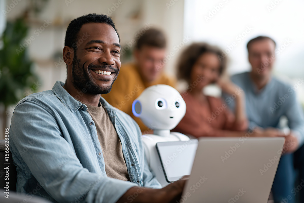 Poster tech-savvy professionals collaborating in a modern coworking hub with a humanoid robot