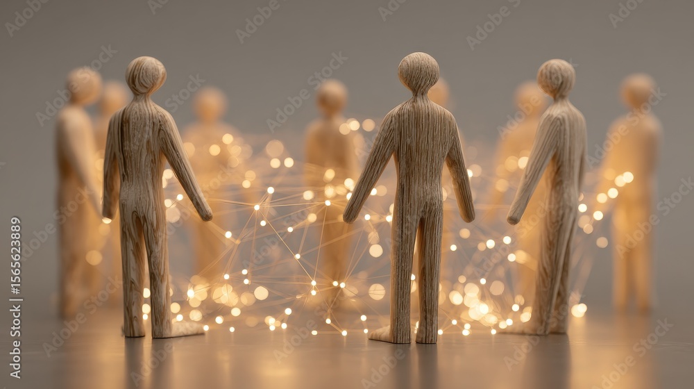 Poster wooden human figures connected by a glowing digital network representing social connections or netwo