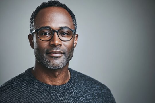 A confident middle-aged man with glasses, wearing a dark sweater against a gray background.