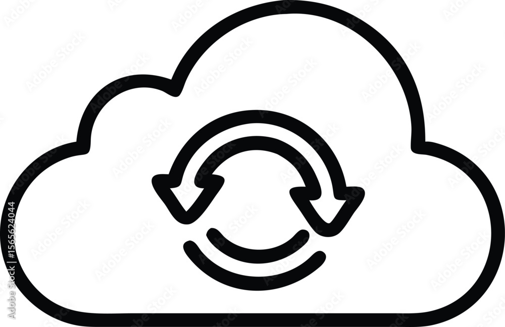 Poster cloud with circular arrows, data transfer and synchronization line art icon