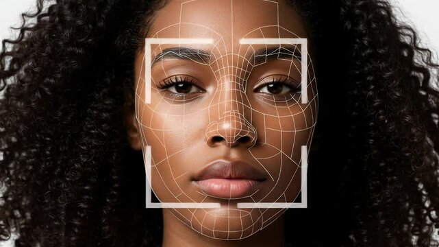 Face recognition: An African American woman in her twenties being analyzed by facial recognition software with geometric face mesh overlay for identity verification.