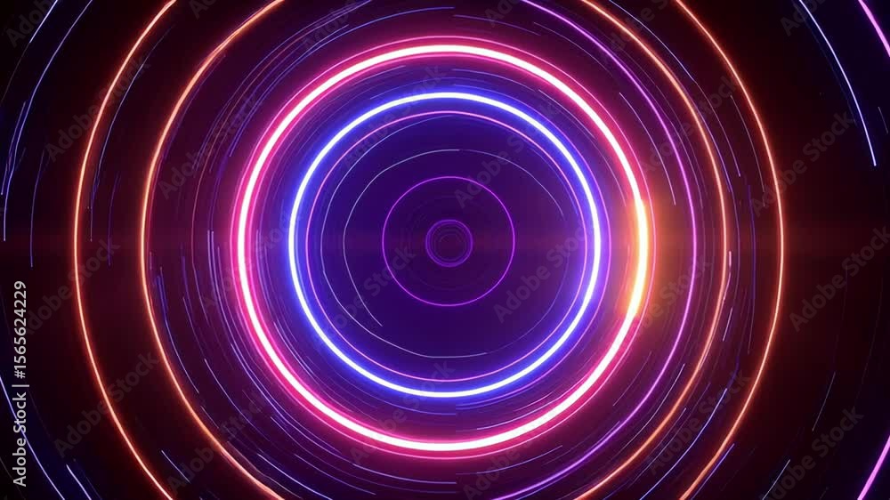 Poster futuristic glowing concentric circles in vibrant neon colors creating a sense of energy and motion. 