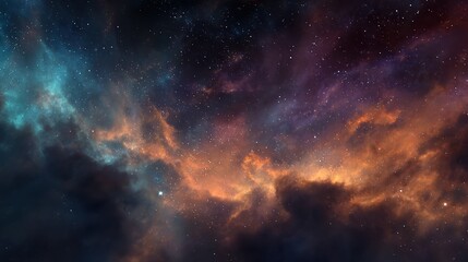 Nebulosa colorida con nubes naranjas, violetas y azules, estrellas esparcidas por el fondo oscuro, polvo y gas cÃ³smicos creando una escena vibrante y etÃ©rea
