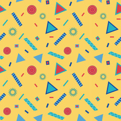 Abstract geometric pattern. Multicolored triangles, circles, stripes on a yellow background. Vector illustration