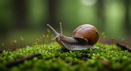 A macro shot of a snail’s head and antennae on mossy ground.