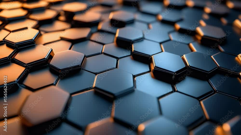 Poster abstract metallic hexagonal pattern with orange and blue lighting reflects over a dark surface. the 