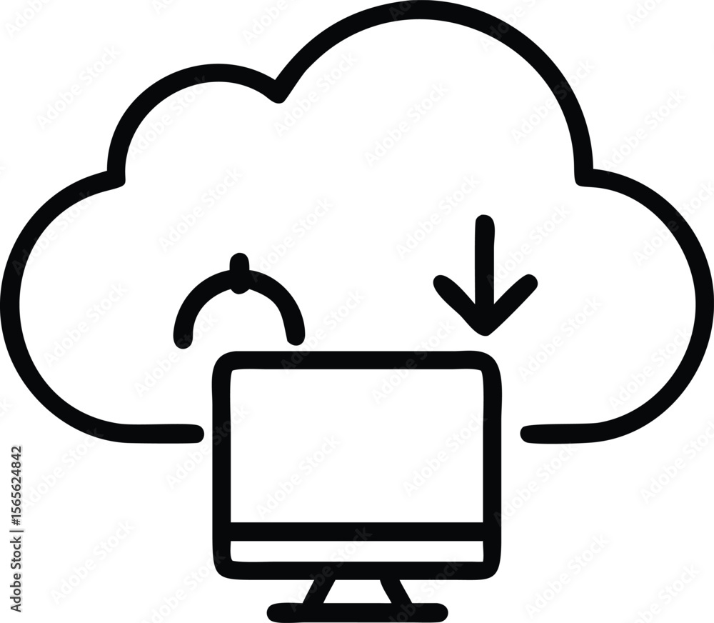 Poster computer with cloud and download arrow in minimal line art