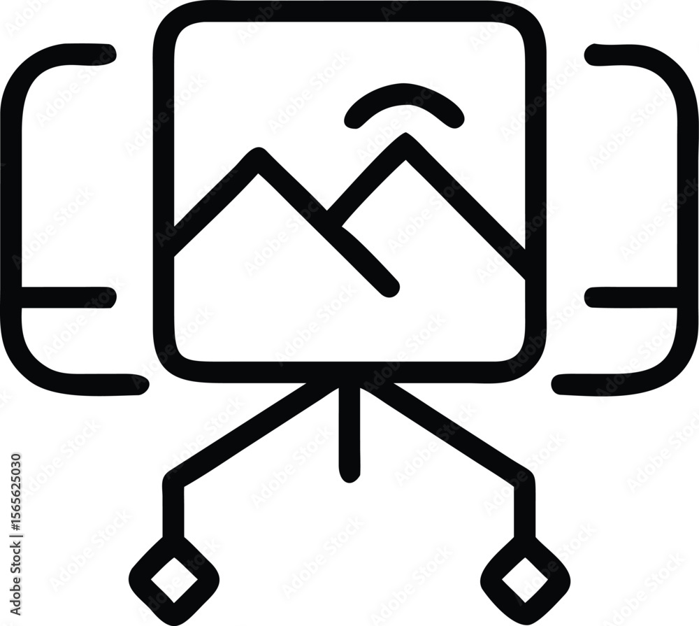 Poster content creation outline icon with of mountains and digital connection lines