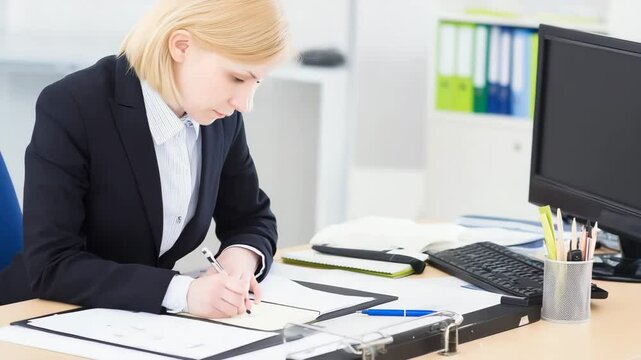 Blonde manager reviews documents beside computer and organized folders. Concept of corporate responsibility and systematic planning.
