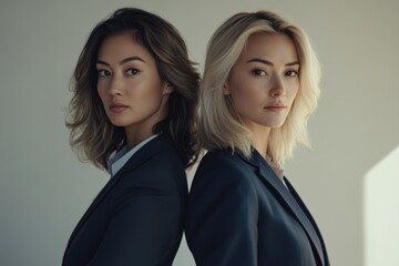 Two businesswomen stand back-to-back, exuding confidence and professional strength.