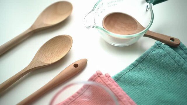 Wooden spoons with dishcloth and measuring cups on white surface