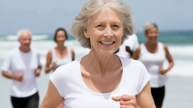 A smiling caucasian senior leads friends jogging along the shoreline under bright sky. Concept of active aging and lifelong vitality.