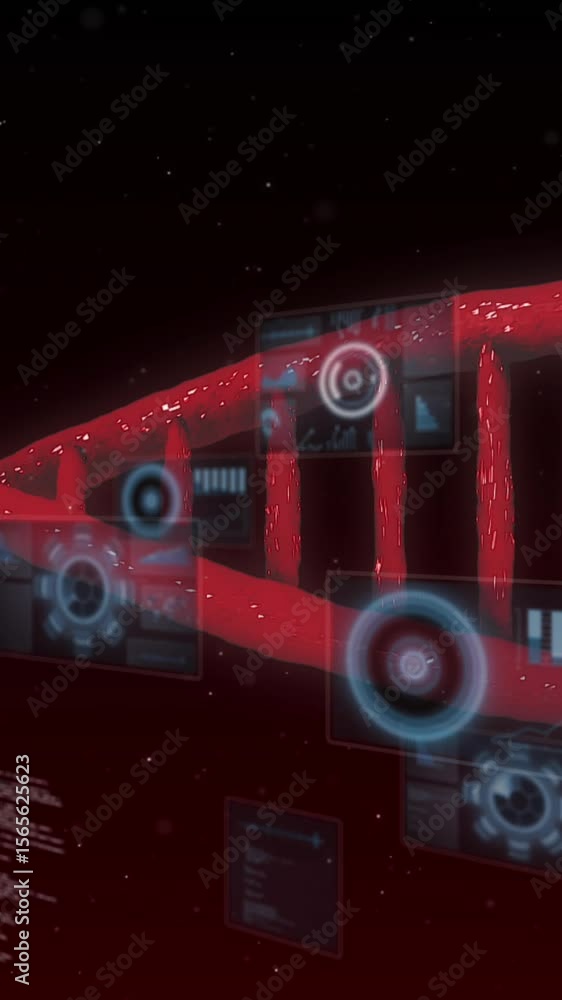Poster animation of dna strand spinning, scopes and data processing on black background