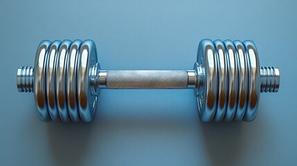 Chrome Dumbbell on Light Blue Background for Gym Equipment Design and Fitness Motivation