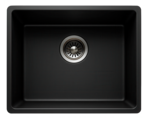 Undermount built-in sink in a sleek black finish, designed for a contemporary apartment kitchen, providing a seamless countertop look.