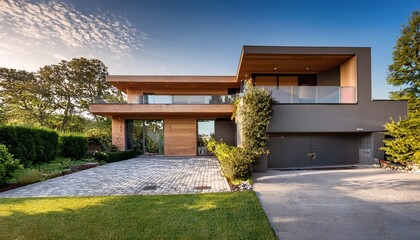 modern house with lush landscaping and parking