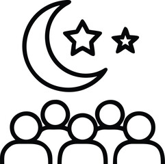 Crescent moon stars and people crowd line art illustration