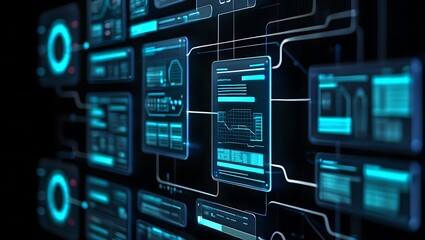 Network of Blue Digital Interfaces Data Screens Technology