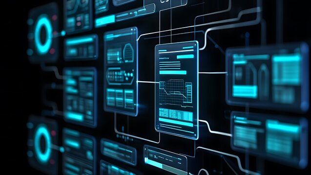 Network of Blue Digital Interfaces Data Screens Technology