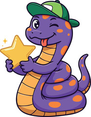 Obraz premium Cute purple snake cartoon character holding yellow star wearing green cap vector illustration 