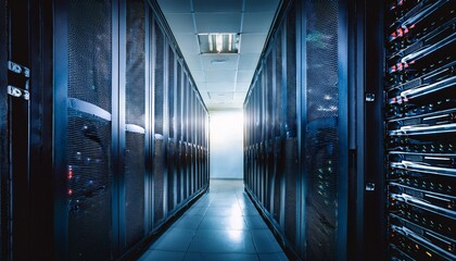 rows of servers in a modern data center concept of technology big data and digital infrastructure