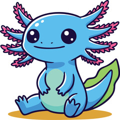 Fototapeta premium Cute blue axolotl cartoon character sitting with big eyes and green tail vector illustration 