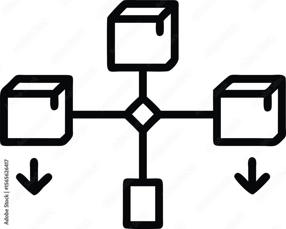 Poster data flow diagram with three cubes, rectangle, diamond and down arrows line art