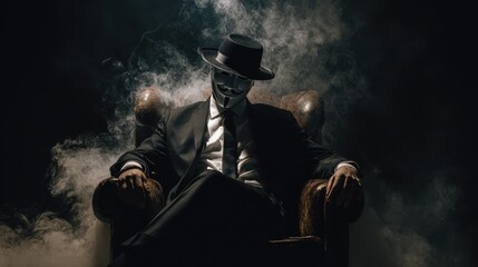 A man in a black suit and hat sits in a chair with a fake mask on his face. The chair is covered in smoke, giving the scene a dark and mysterious atmosphere