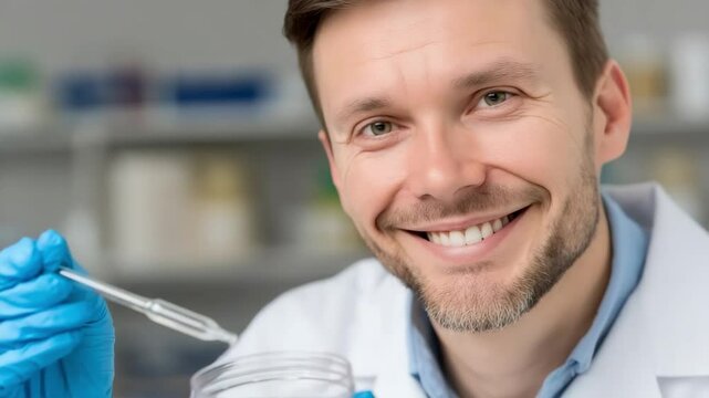 Close-up of a cheerful researcher analyzing cell culture with precision tools. Concept of biotechnology progress and pharmaceutical hope.