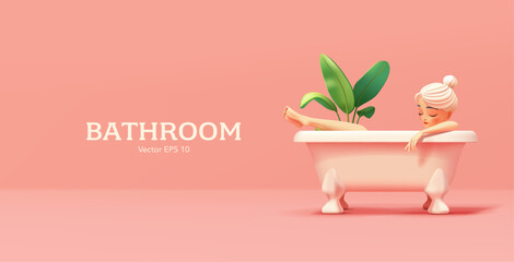 Beautiful woman taking a bath, 3D. Modern pink banner for concepts of advertising skin care products, beauty, and cosmetics. Home, comfort, relaxation. Vector illustration.