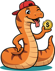 Fototapeta premium Cartoon snake character wearing red cap holding golden coin vector illustration 