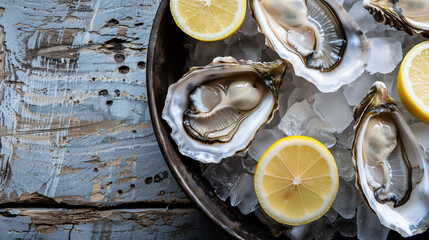Oyster Platter on Ice with Lemon on Driftwood Table